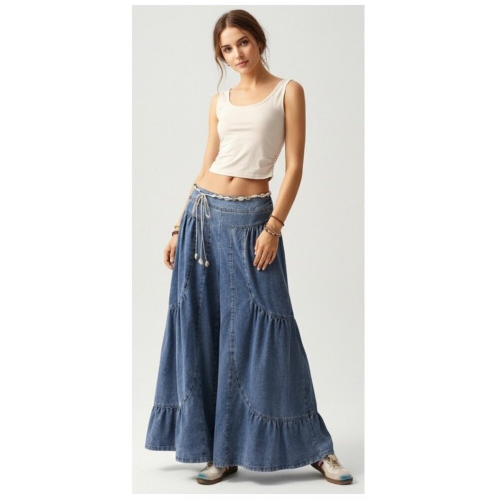 Boho Wide Leg Denim Jeans - Picture 3 of 9